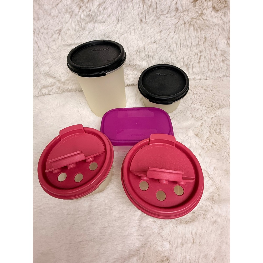 Tupperware Lot of 5 Containers Pink Parmesan Containers & Purple Black Canisters